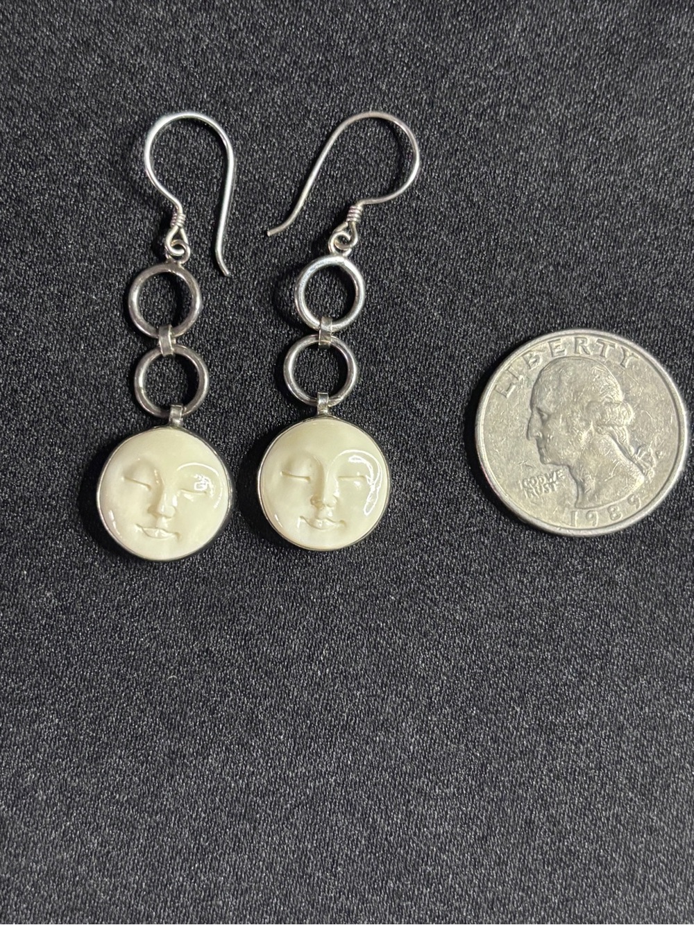 Silver 925 Cream Full Moon Face Goddess Hooks And Linked Rings Dangle Earrings - Picture 4 of 7